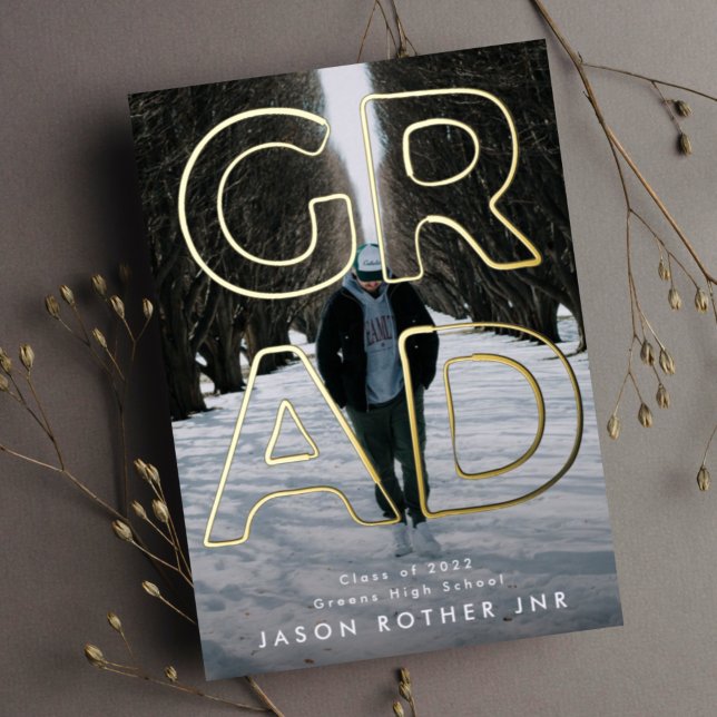 REAL GOLD LINE HOLLOW GRAD Contemporary Photo Foil Invitation (Creator Uploaded)