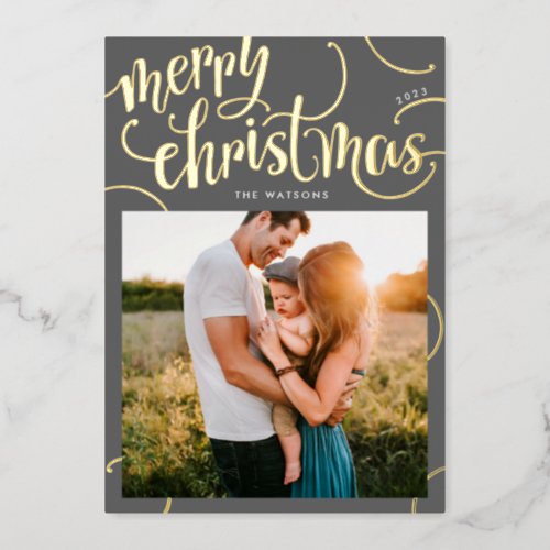 Real Gold Merry Christmas Lettering on Gray Photo Foil Holiday Card