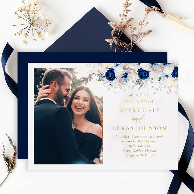 Real Gold Modern Blue Flowers Photo Wedding Foil Invitation (Creator Uploaded)