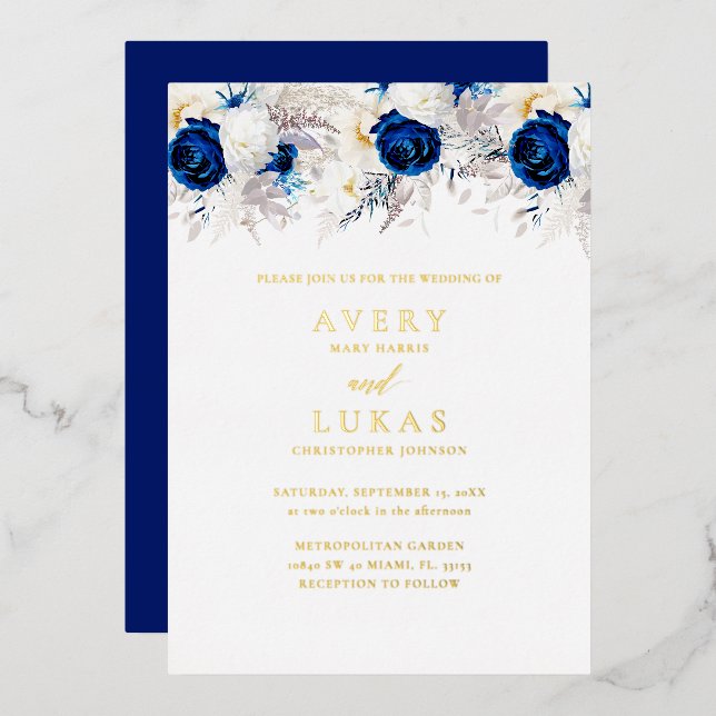 Real Gold Modern Blue Flowers Wedding Foil Invitation (Front/Back)
