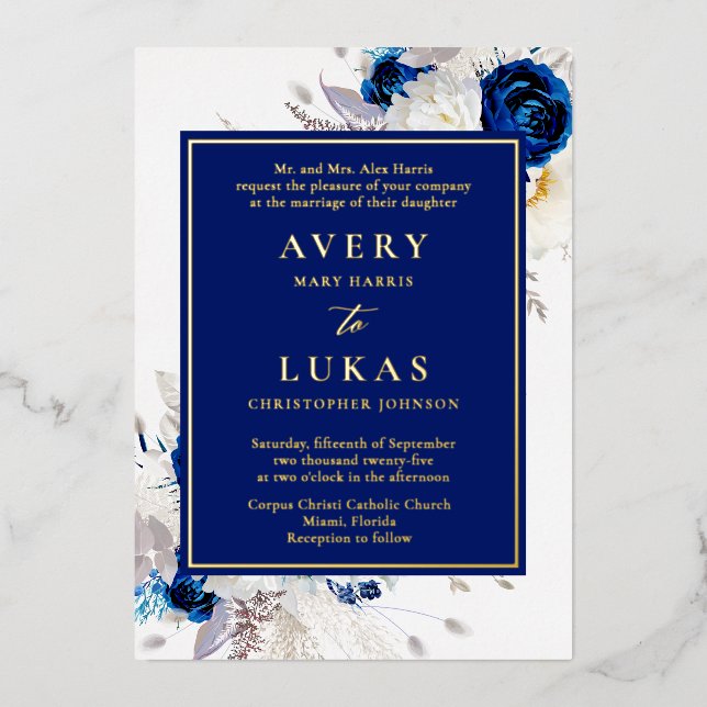 Real Gold Modern Blue White Flowers Wedding Foil  Foil Invitation (Front)