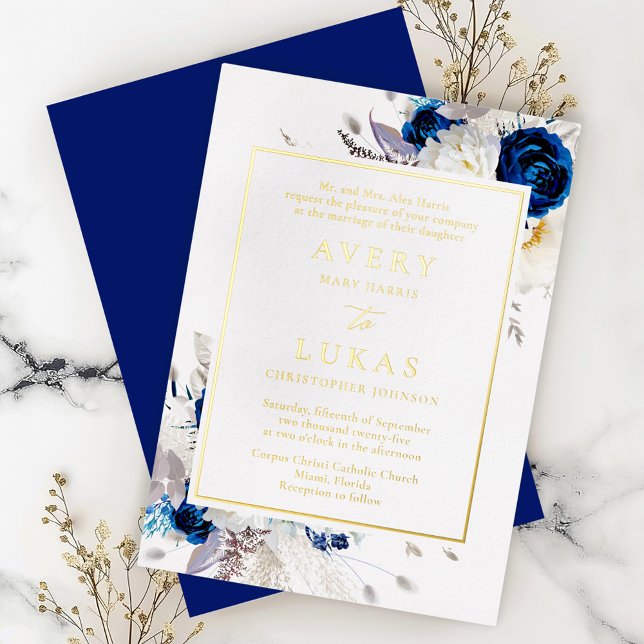 Real Gold Modern Blue White Flowers Wedding Foil  Foil Invitation (Creator Uploaded)