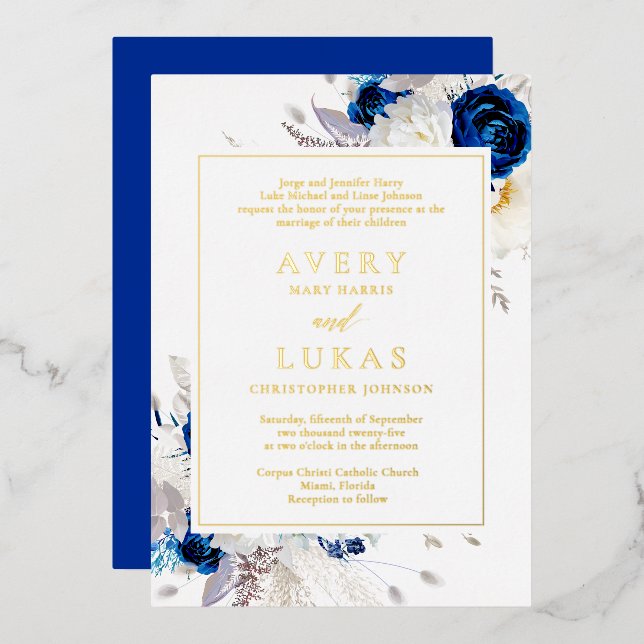 Real Gold Modern Royal Blue Flowers Wedding Foil Invitation (Front/Back)