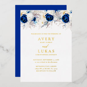 Real Gold Modern Royal Blue Flowers Wedding Foil Invitation