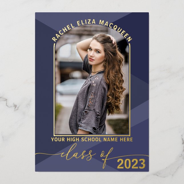 Real Gold Navy Blue Geometric Photo Graduation Foil Invitation (Front)