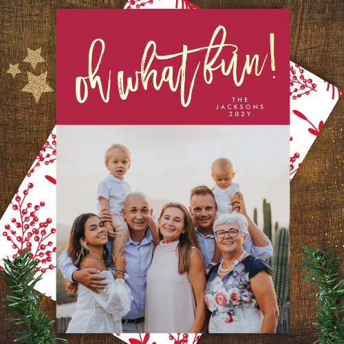 REAL GOLD Oh What Fun RED Magenta Christmas Photo Foil Holiday Card