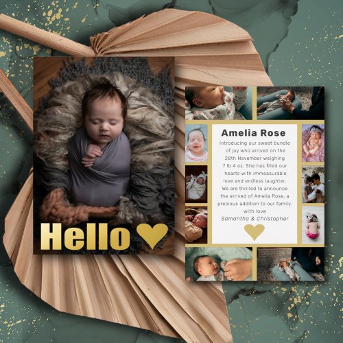 Real Gold Photo Collage Hello Baby Announcement