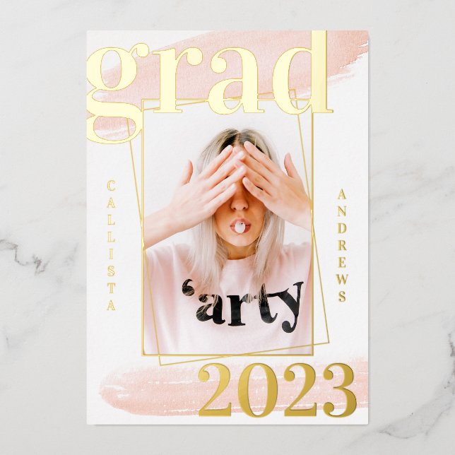 Real Gold Pink Watercolor Photo Graduation Foil Invitation (Front)