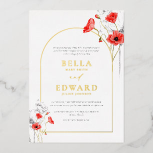 Real Gold Poppy Red Flowers Modern Chic Wedding Foil Invitation