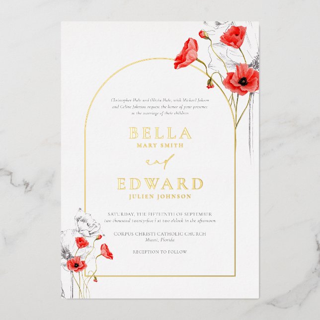 Real Gold Poppy Red Flowers Modern Chic Wedding  Foil Invitation (Front)