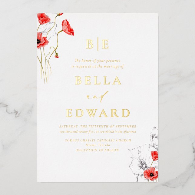 Real Gold Poppy Red Wildflowers Chic Wedding  Foil Invitation (Front)