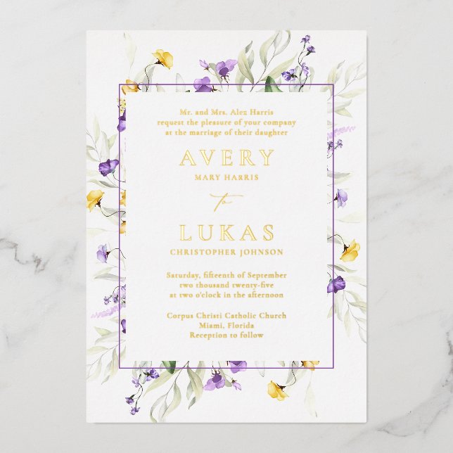 Real Gold Purple Floral Elegant Monogram Wedding Foil Invitation (Front)