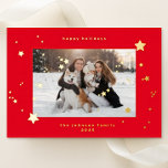 REAL Gold Stars Cherry Red Photo Happy Christmas Foil Holiday Card<br><div class="desc">*REAL FOIL STARS ON FRONT Spread holiday cheer with this festive on trend minimalist Gold Stars Cherry Red Photo Happy Christmas Foil Holiday Card - Beautiful and Elegant Star Red Cherry White Christmas Photo Happy Holiday Card - featuring photo option front and FAUX GOLD STARS on back. A really simple...</div>