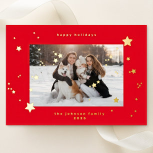 REAL Gold Stars Cherry Red Photo Happy Christmas Foil Holiday Card