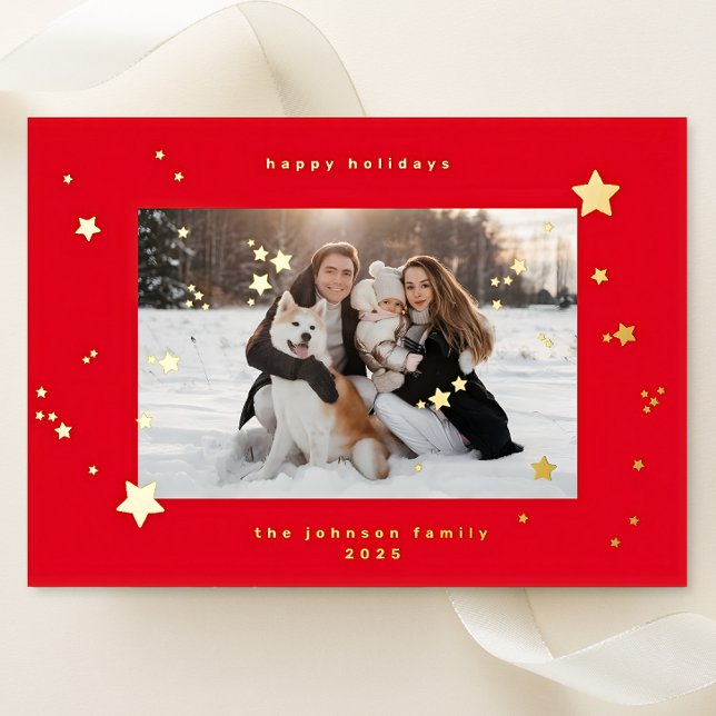REAL Gold Stars Cherry Red Photo Happy Christmas Foil Holiday Card (Creator Uploaded)