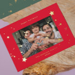 REAL Gold Stars Cherry Red Photo Happy Christmas Foil Holiday Card<br><div class="desc">*REAL FOIL STARS ON FRONT Spread holiday cheer with this festive on trend minimalist Gold Stars Cherry Red Photo Happy Christmas Foil Holiday Card - Beautiful and Elegant Star Red Cherry White Christmas Photo Happy Holiday Card - featuring photo option front and FAUX GOLD STARS on back. A really simple...</div>