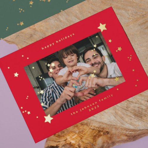 REAL Gold Stars Cherry Red Photo Happy Christmas Foil Holiday Card