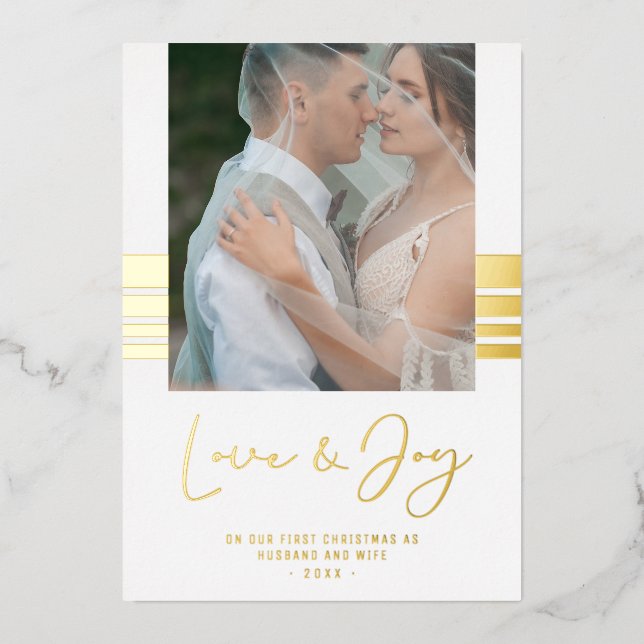 Real Gold Stripes Photo Newlyweds First Christmas Foil Holiday Card (Front)