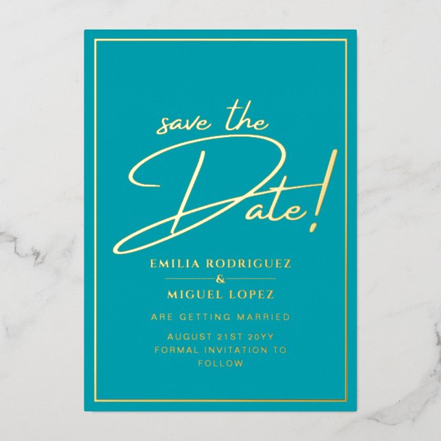 Real GOLD Teal Save the Date Wedding Foil Invitation (Front)
