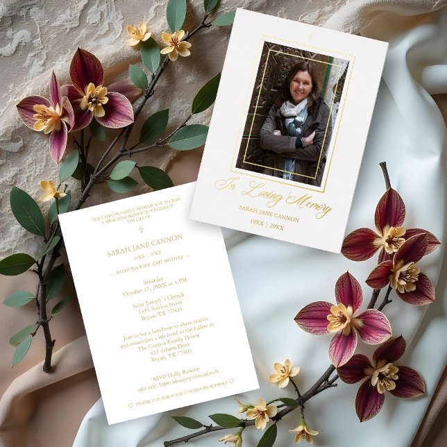 Real Gold White Traditional Elegant Photo Funeral Foil Invitation (Real Golden White Traditional & Elegant Photo Funeral Dear Ones Metallic Foil Invitations Cards.)