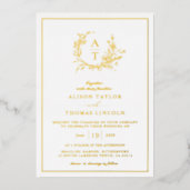 Real Gold Wildflower Crest Monogram Wedding  Foil Invitation