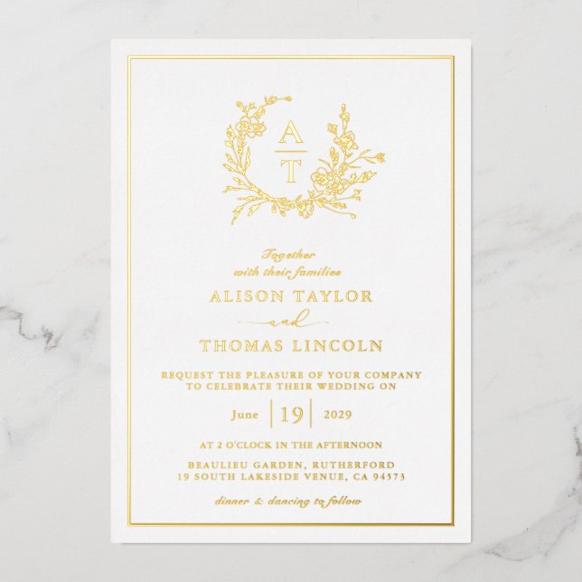 Real Gold Wildflower Crest Monogram Wedding  Foil Invitation (Front)