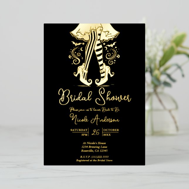 Real Gold Witchy Bridal Shower Foil Invitation (Standing Front)