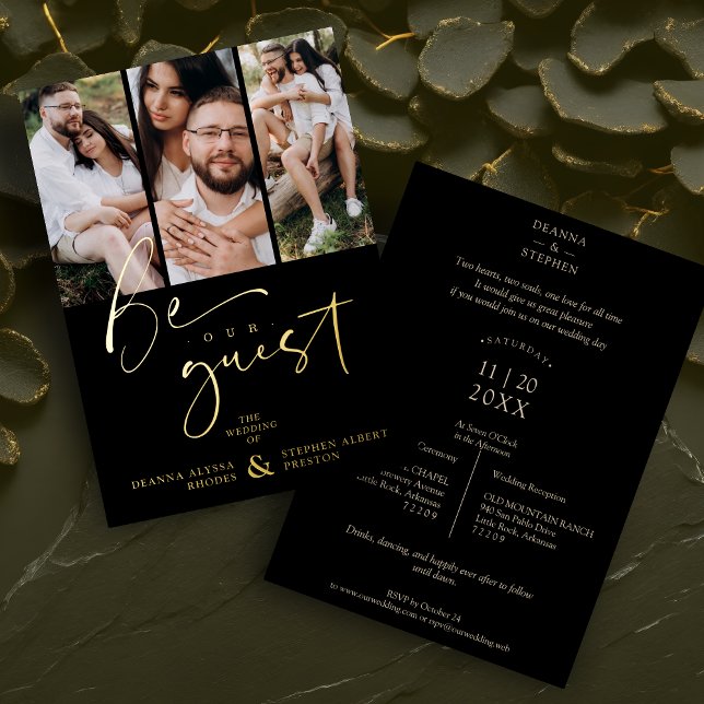 Real Golden Be our Guest Collage Wedding 3 Photos Foil Invitation (Real Golden Be our Guest Collage Wedding 3 Photos Metallic Foil Invitation Card with Envelope.)