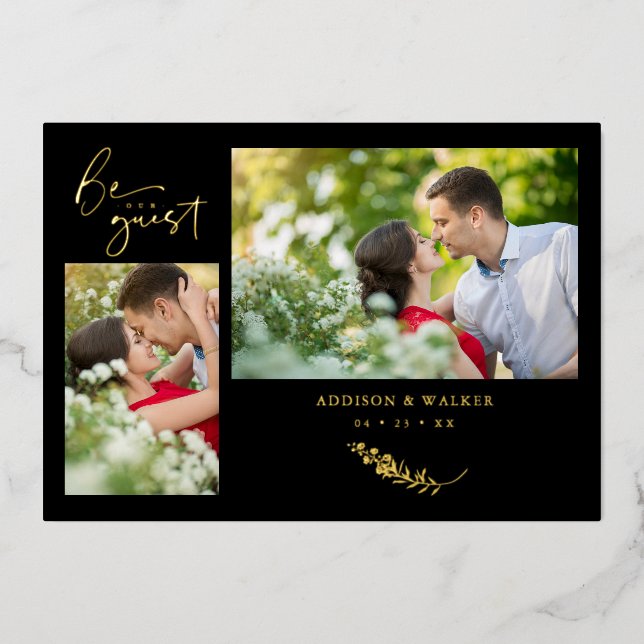 Real Golden Black Trendy Branches Wedding 2 Photos Foil Invitation (Front)