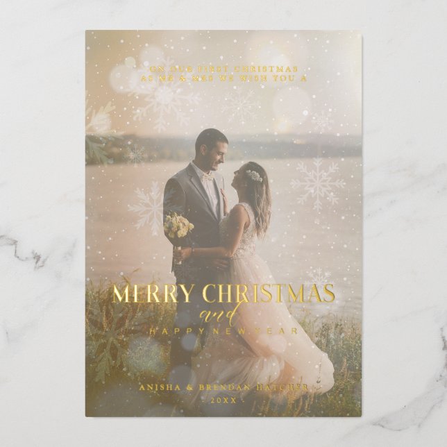 Real Golden Custom Photo Fancy  Snowflake Foil Holiday Card (Front)