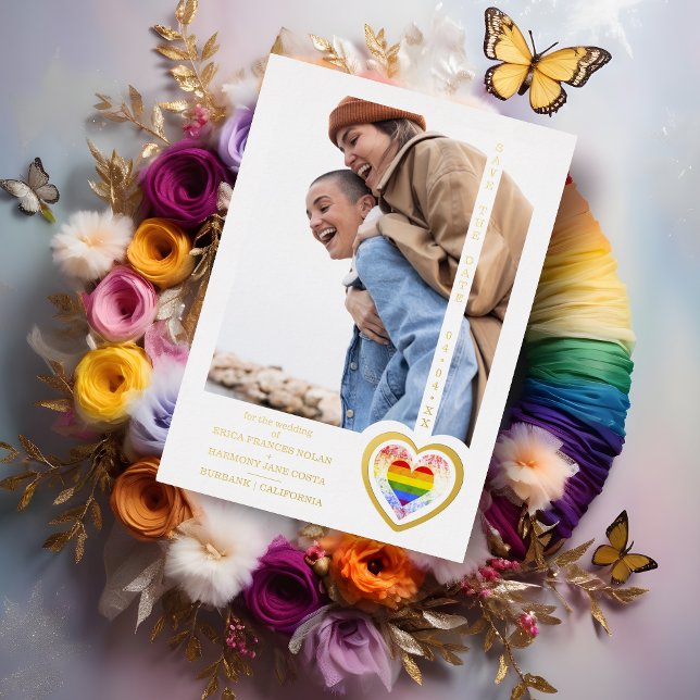 Real Golden Effect Pride Rainbow Heart Lesbian Gay Foil Invitation (Real Golden Effect Cute Pride Rainbow Heart Lesbians & Gays Photo Metallic Foil Save the Date Card.)