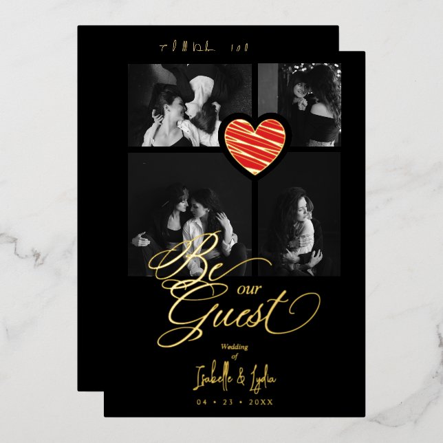 Real Golden Luxury Red Heart 4 photos Trendy Foil Invitation (Front/Back)