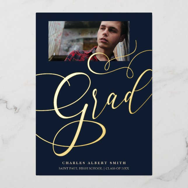 Real Golden & Navy Modern Typography Grad Photo Foil Invitation (Front)