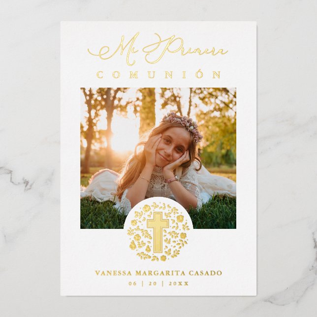 Real Golden Romantic Floral Wreath Photo Foil Invitation (Front)