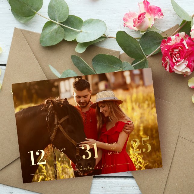 Real Golden Stylish & Fun Unmatched Wedding Photo Foil Invitation (Real Golden Stylish & Fun Unmatched Wedding Photo Card Save the Date with Envelope.)