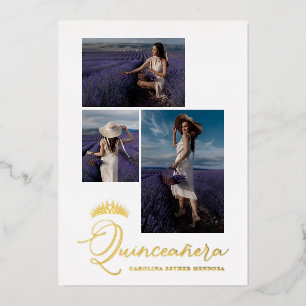 Real Golden Tiara Minimalist Quinceañera Spanish Foil Invitation