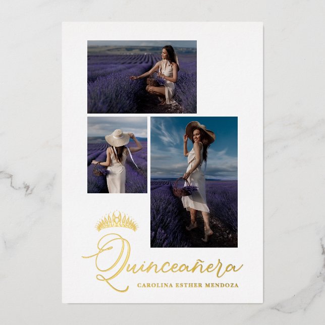Real Golden Tiara Minimalist Quinceañera Spanish Foil Invitation (Front)