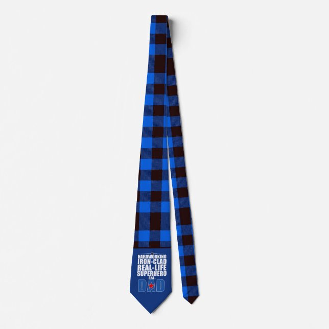 Real Life Superhero Dad on Blue Buffalo Plaid Neck Tie (Front)