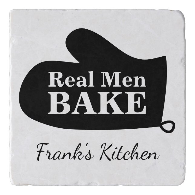 Real men bake funny marble stone custom name gift trivet (Front)