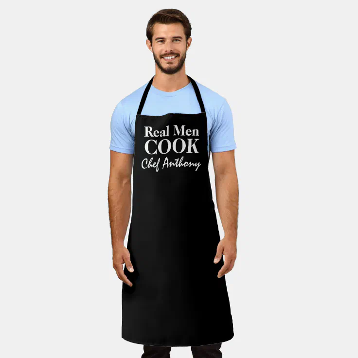 Real men cook funny black custom BBQ apron for men | Zazzle
