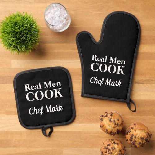 Real Men Cook funny personalized Oven Mitt  Pot Holder Set