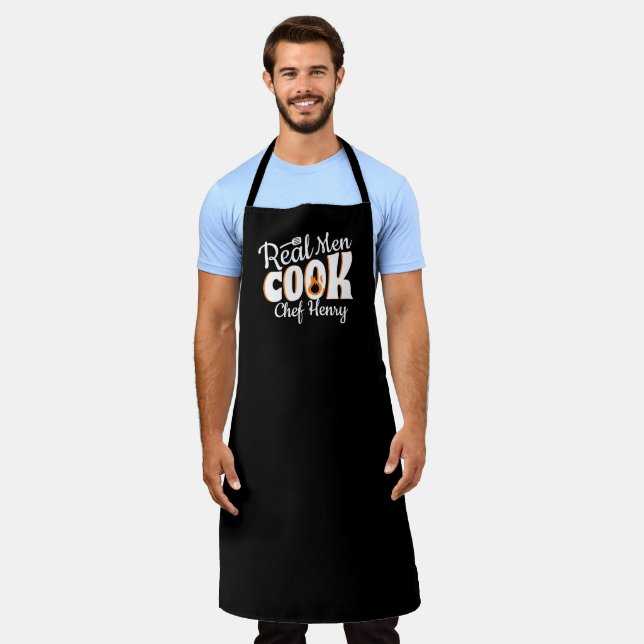 Real Men Cook Script Black White Chef Gift Apron (Worn)