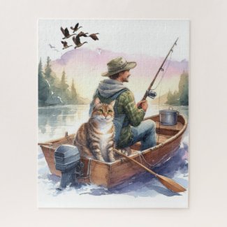Real Men Fish with Cats Cute Cat Lover Puzzle