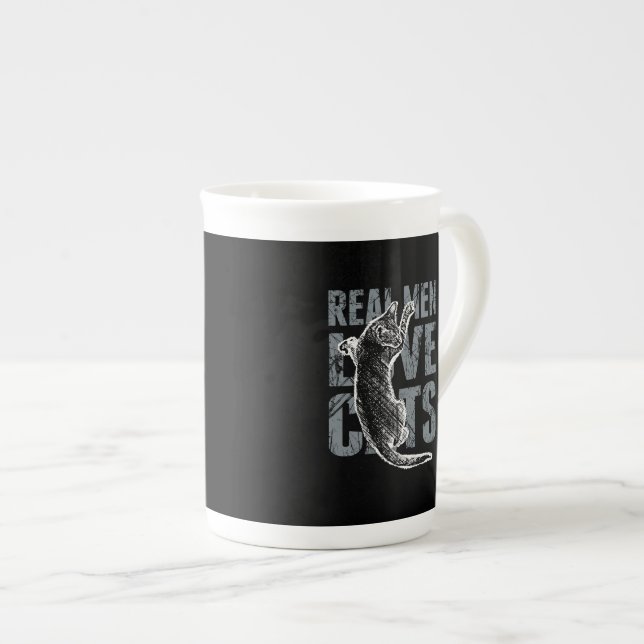 Real Men Love Cats in Grunge Style on Black Bone China Mug (Front Right)
