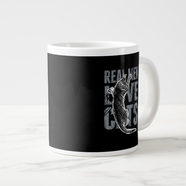 Real Men Love Cats in Grunge Style on Black Large Coffee Mug (Front Right)