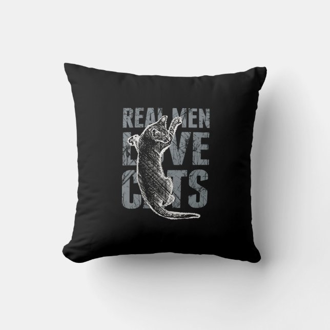 Real Men Love Cats in Grunge Style on Black Throw Pillow (Front)