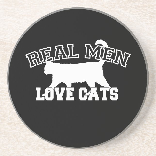 Real Men Love Cats White Silhouette Sandstone Coaster (Front)