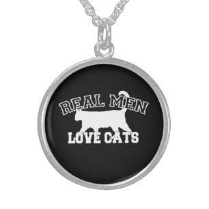 Real Men Love Cats White Silhouette Sterling Silver Necklace