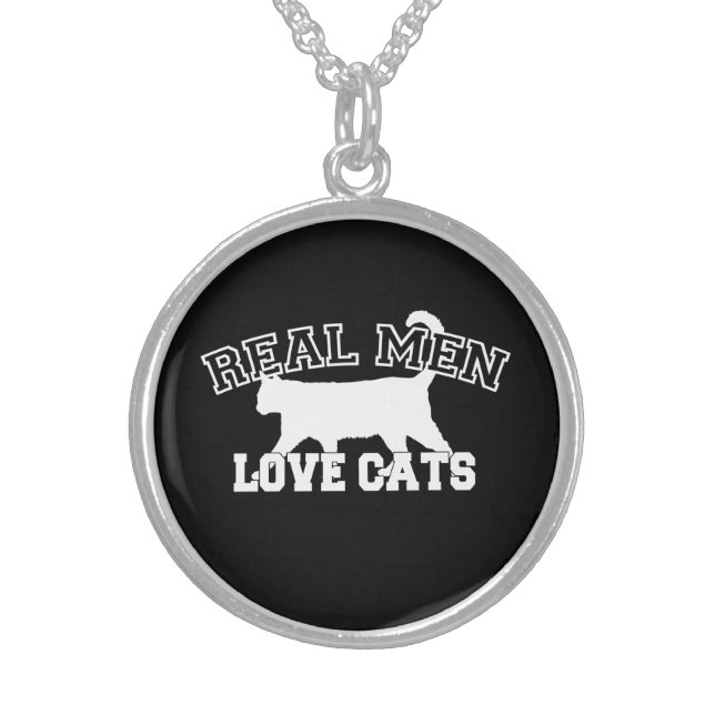 Real Men Love Cats White Silhouette Sterling Silver Necklace (Front)