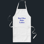 Real Men Make Latkes Long Apron<br><div class="desc">Show them you’ve got what it takes! White apron has the phrase “real men make latkes” in bold blue letters. See the entire Hanukkah Apron collection under the HOME category in the HOLIDAYS section.</div>
